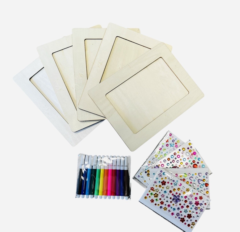 21 Pcs Wooden Frame Craft Kit For Kids, 6”x8” Frames, Markers, Sparkly Gems