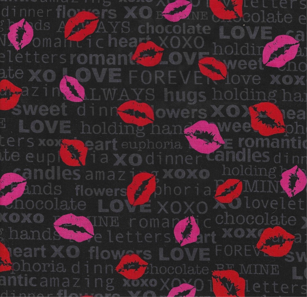Benartex Fabric “Kiss n Tell” Black Red Lips Cotton Half Yard (18″x44″)