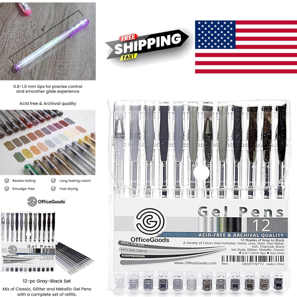 Smooth Writing Gel Pens 12 Count Grey and Black with Medium 0.8 to 1.0mm Tips