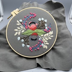 Partially Finished Handmade Needlepoint Circle Floral Flower On Gray Fabric 6”