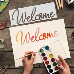 4 Pieces Welcome Stencils Templates Reusable Plastic Set for Painting on Wood