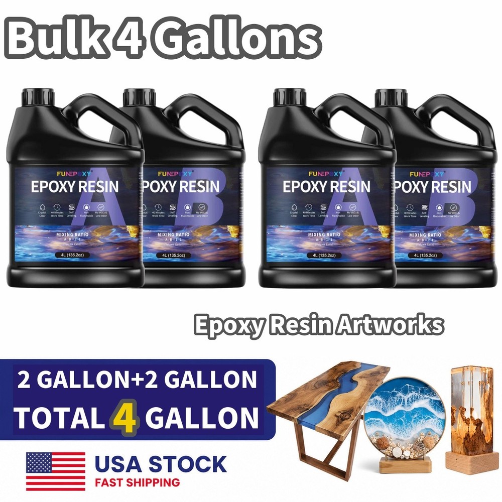 Bulk 4 Gallon Epoxy Resin 1:1 Kit Crystal Clear, UV Resistant, Self Leveling