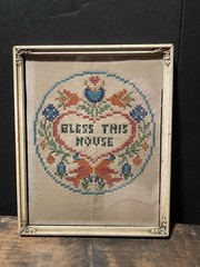 Vintage Hand Embroidered’Bless This Home” In VTG Wood Frame