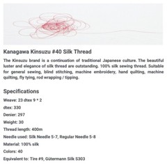 Kanagawa Kinsuzu 040 Silk Thread, 23 dtex 9×2, 400m, 40 Amazing Colors