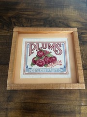 Vtg Handmade Completed Needlepoint Plums Fruit, Cottagecore Rustic Framed