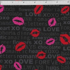 Benartex Fabric “Kiss n Tell” Black Red Lips Cotton Half Yard (18″x44″)