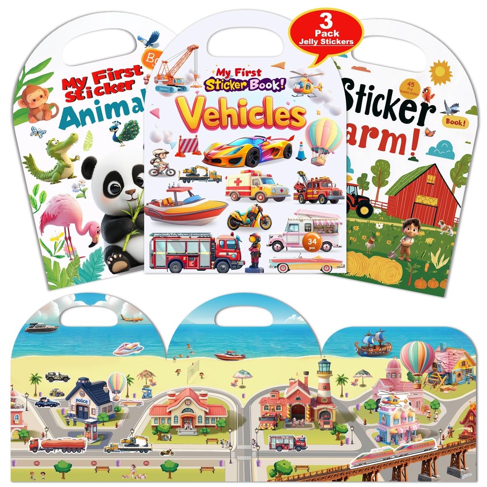 3-Pack Reusable Sticker Books for Toddlers 2-4 Years, Vehicles Large, Colors