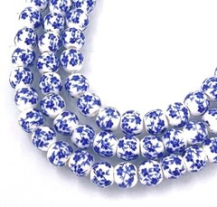 6mm Floral Blue White Porcelain decals Round Beads (30)